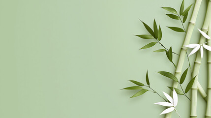 Fototapeta premium Minimalist design featuring bamboo stalks and leaves against soft green background creates serene and calming atmosphere