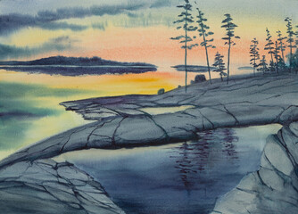 yellow sunset on the rocks