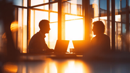 Two businesspeople, silhouette, working on laptops in modern office with large windows during sunset, warm light, professional atmosphere