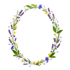 Obraz premium Oval floral wreath with lavender, cornflowers, and daisies isolated on transparent background