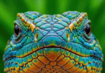 Obraz premium Close Up of Vibrant Colorful Chameleon with Green Background