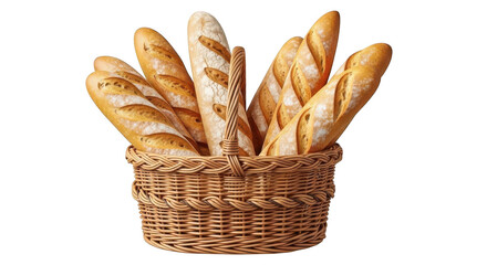 Basket of freshly baked baguettes isolated on transparent background