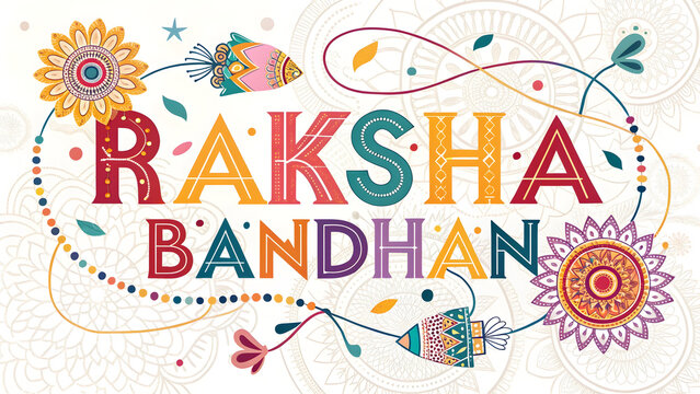 Colorful Raksha Bandhan Typography Design Featuring Ornate Letters Mandala Flowers and Decorative Elements in Red Orange Yellow Green Teal Purple and White