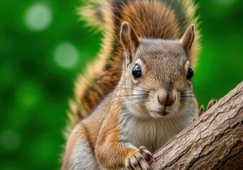 Obraz premium Cute Brown Squirrel Climbing Tree Branch in Green Forest