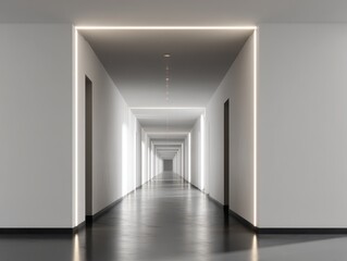 Fototapeta premium Modern white corridor with LED lights and dark floor