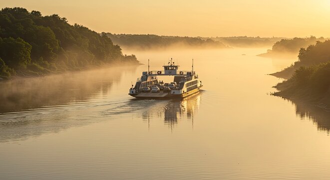 Serene Sunrise Ferry Crossing: Misty River, Golden Light, Tranquil Scene