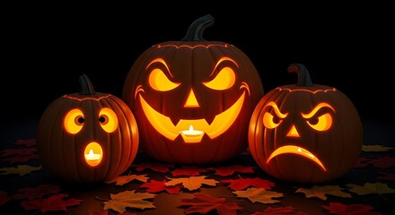Three Lit Pumpkins with Varying Expressions on Autumn Leaves, Dark Background
