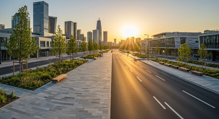 Serene Sunrise: Modern Cityscape Avenue with Golden Hour Light