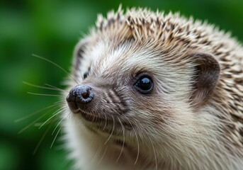 Cute Small Hedgehog Close Up in Green Natural Background