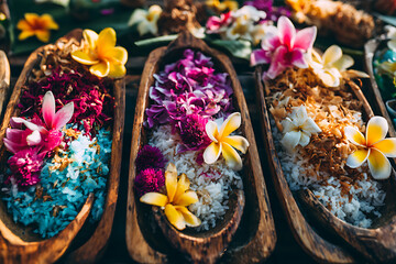 Colorful balinese offerings with rice and flowers in wooden bowls