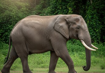 Obraz premium Elephant Walking in Green Forest with Dense Foliage and Soft Natural Light