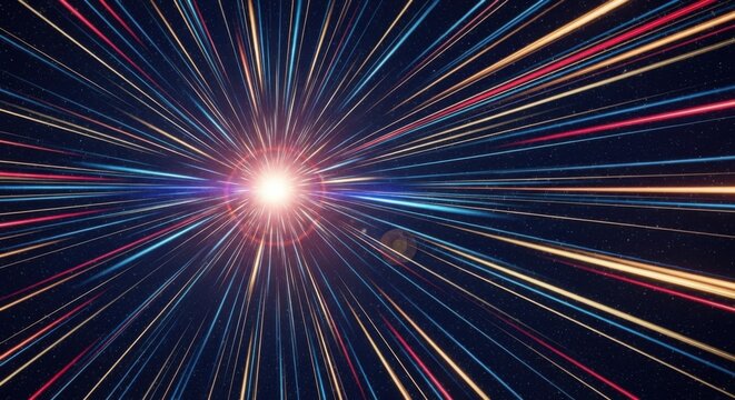 Bright White Light Explosion with Colorful Radial Streaks in Deep Space