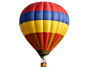 Single Colorful Hot Air Balloon Floating Upright, Front View, Isolated on Transparent Background