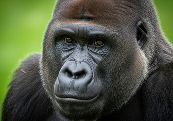 Close-up of a Young Gorilla with Dark Fur and Expressive Eyes in Natural Green Environment
