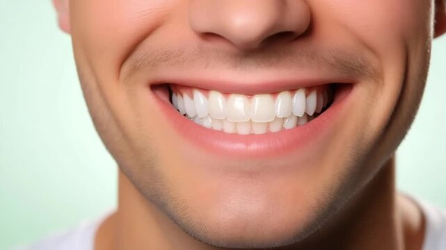 Perfect white teeth smile of a young man, close up. The result of the teeth whitening procedure. Oral care dentistry concept. Tooth whitening, male toothy veneer smile. Stomatology.