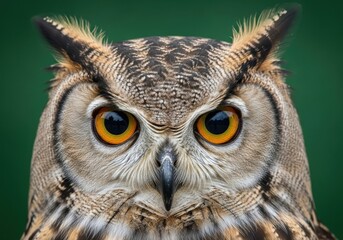 Fototapeta premium Close-up of a Detailed Owl Face with Bright Orange Eyes and Feathery Facial Disc in Sharp Focus