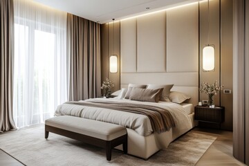 Elegant Neutral Bedroom with Stylish Pendant Lights and Plush Textures for a Serene Ambiance