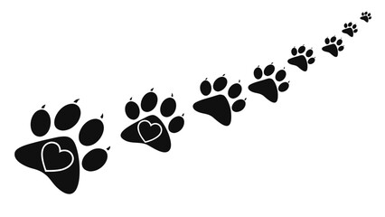 Black Paw Prints with Hearts Ascending on a White Background dog paw cat paw