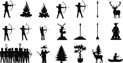 Silhouettes of archers shooting arrows, bonfire, deer, hunter, trees, arrow, group of archers, hunting scene, outdoor adventure, wilderness, camping, nature, bow and arrow, target practice