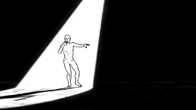 Silhouette of a figure under a spotlight, rendered in black and white with linework