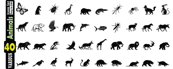 Collection of 40 Black Silhouette Icons of Diverse Animals wildlife icon set
