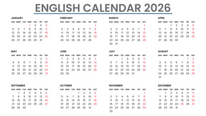 Modern 2026 year English vector calendar in monthly layout. English calendar week starts Sunday. Holidays in calendar are red colour. 2026 English calendar design. Editable