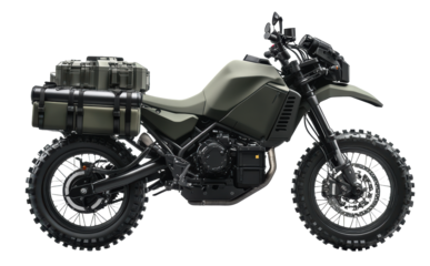Green military-style adventure motorcycle with gear
