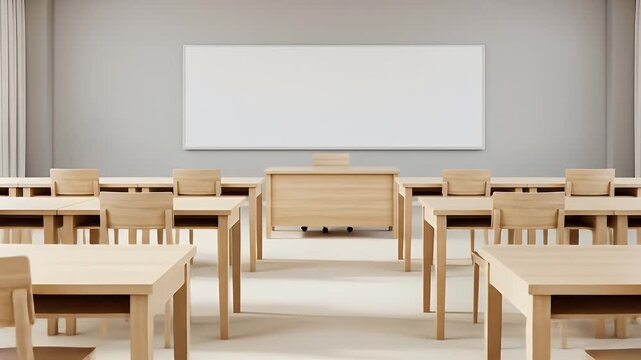 Empty Modern Classroom Interior With Wooden Desks And Chairs A Slow Zoom Towards The Blank Whiteboard For Educational Concepts