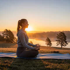 Young woman meditating on yoga mat at sunrise
