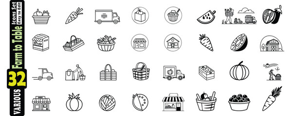 Diverse set of 32 black and white icons for farm fresh food and market elements Keywords: farm, food, grocery, shopping, market, produce, basket