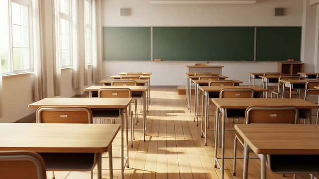 A slow panning shot reveals an empty sunlit classroom with wooden desks and a chalkboard a perfect setting for education and learning
