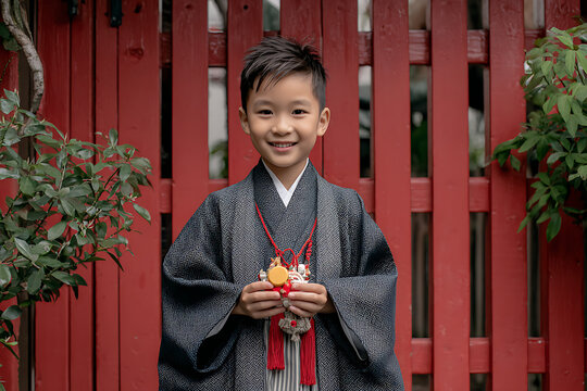 Japanese boy wearing traditional kimono celebrating shichi go san festival