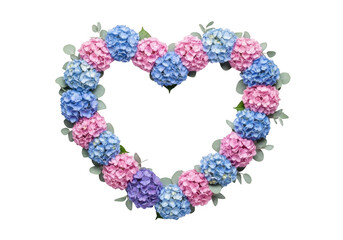 Naklejka premium Blue and pink hydrangea heart shape wreath isolated on transparent background