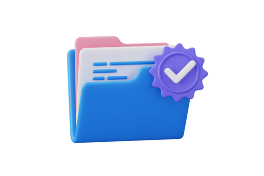 3d icon of 3d blue folder with pink and white documents and a purple checkmark icon isolated on transparent background