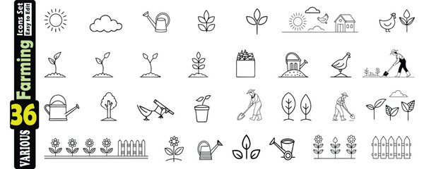 Farming Icons Collection With Sun Clouds Plants Watering Cans Chickens Farmers And Flowers agriculture