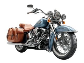 Blue and brown cruiser motorcycle with saddlebags
