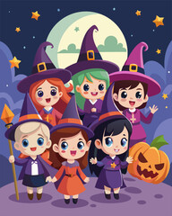 Cute Baby Witches in Halloween Costumes with Pumpkin Illustration