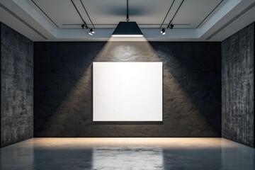 A blank white canvas hangs on a dark wall in a modern art gallery illuminated by spotlights