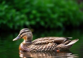 Obraz premium Mallard Duck Swimming in Calm Water with Green Background