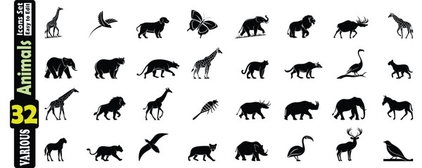 Set of 32 Black Silhouette Icons of Various African Animals wildlife safari