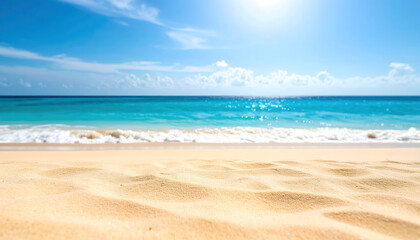 Fototapeta premium Beautiful Sandy Beach with Turquoise Water Under a Sunny Blue Sky, Perfect for Vacation