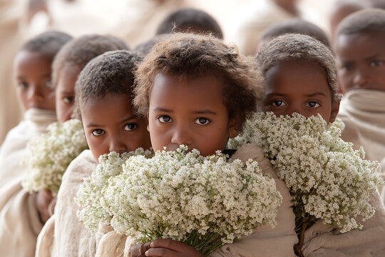 Ethiopian children holding white flowers in meskel celebration