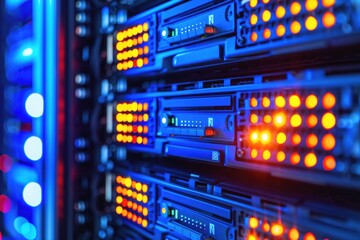 In a darkened data center, rows of servers with illuminated panels display vibrant orange and blue lights, indicating active data processing and connectivity.