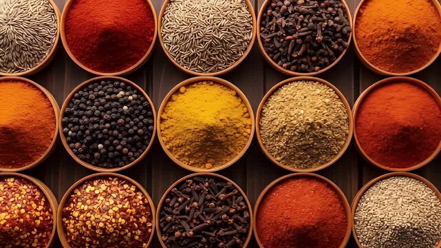 Vibrant Spice Collection: A Colorful Array of Culinary Flavors in Wooden Bowls