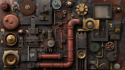 Fototapeta premium Rusty industrial machinery and equipment arranged in chaotic yet artistic manner, showcasing various gears, pipes, and mechanical components