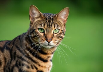 Naklejka premium Beautiful Bengal Cat with Green Eyes Standing Outdoors in Green Nature