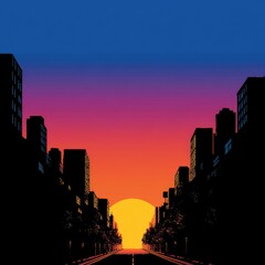 Silhouetted city street at vibrant sunset