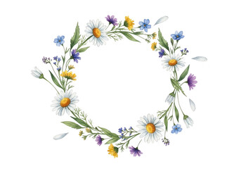 Obraz premium Watercolor floral wreath with daisies and wildflowers isolated on transparent background