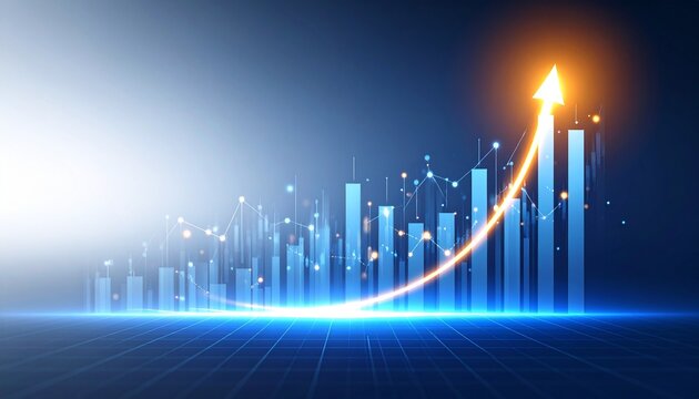 Glowing blue bar chart with a rising arrow symbolizing financial success, data analysis, investment growth, and future technology trends - Powered by Adobe