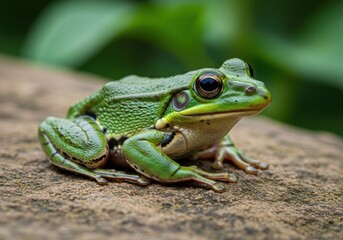 Obraz premium Green Tree Frog Sitting on Rock in Natural Environment